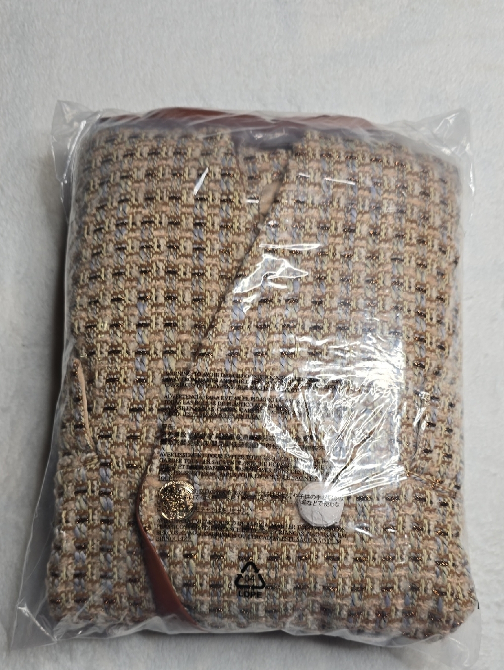 Boston Proper Faux Leather Trim Neutral Tweed Double Breasted Blazer Sz 16 NWT - Picture 5 of 9